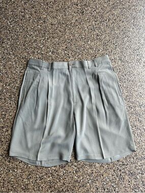 Men's Pleated Grey/Green Flat Front Silk Shorts